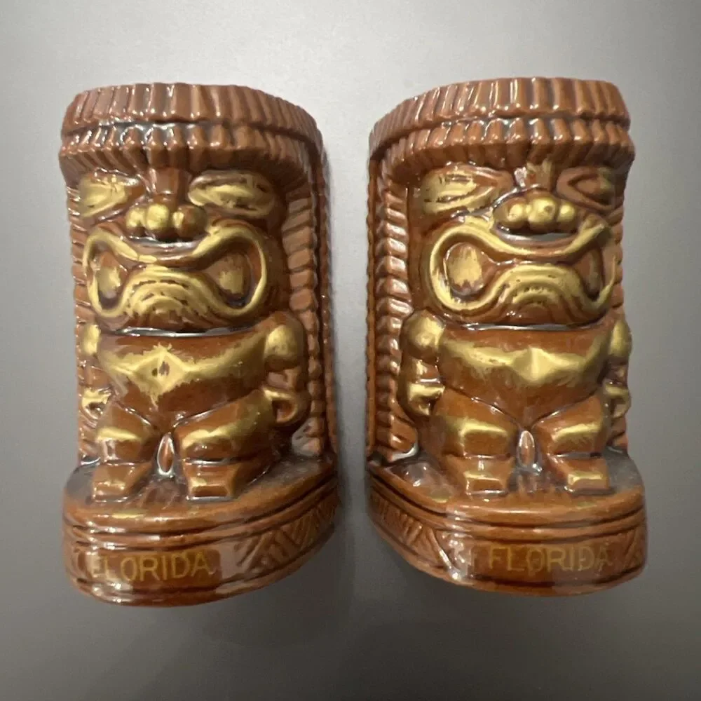 Vintage Brown Glaze Red Clay Tiki Salt & Pepper Shaker Set “Florida” 3.25” Japan